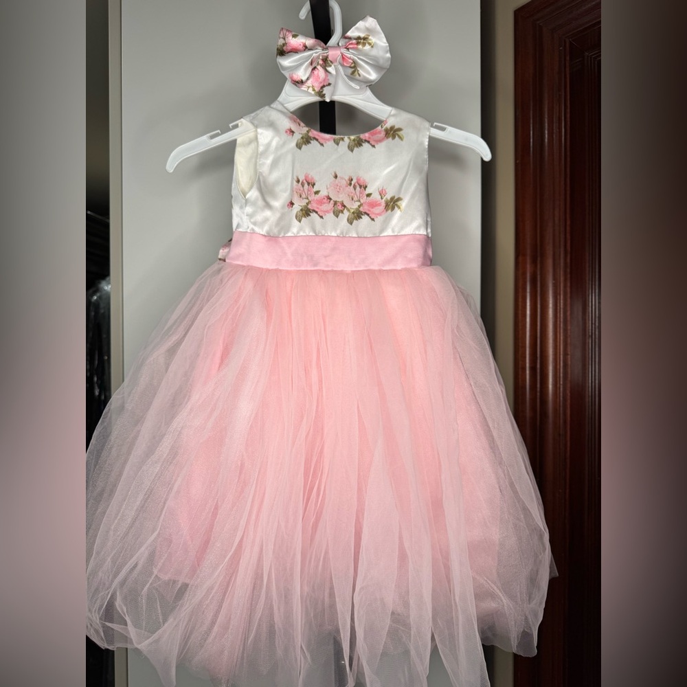 Handmade Pink Floral Tulle Dress with Bow